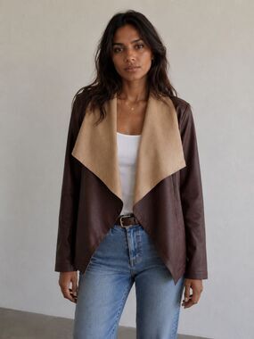 Tahari Brown Faux Leather Jacket Size Medium Draped Collar Open Front
